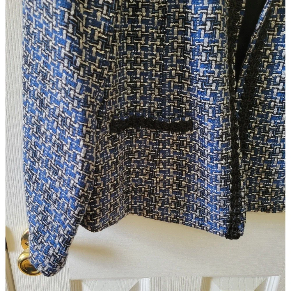 Dressbarn Tweed‎ Blazer Size 18 Blue Black Gray Open Front Pockets Lined